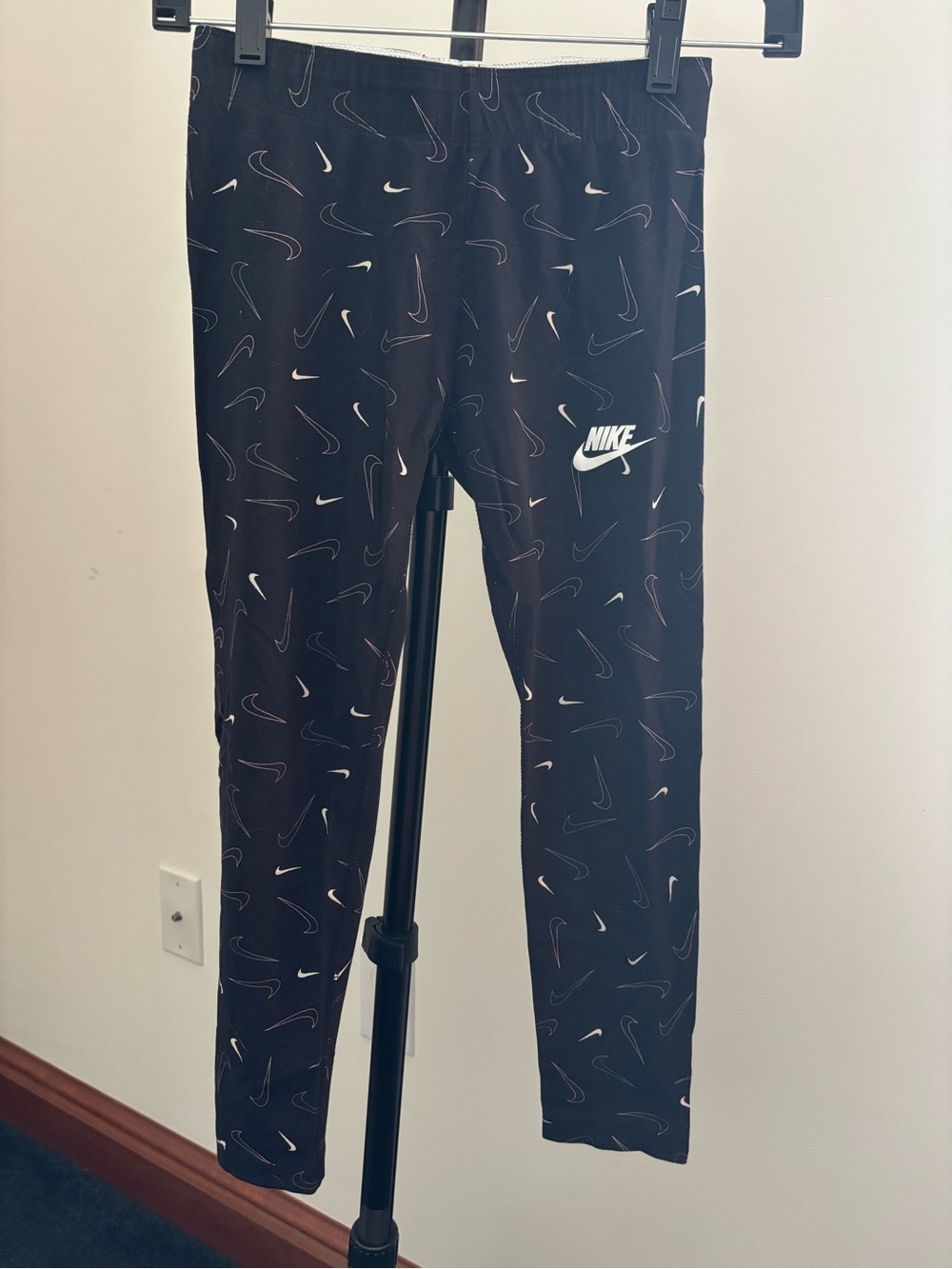 Nike Kids Black Leggings with White Swoosh Print